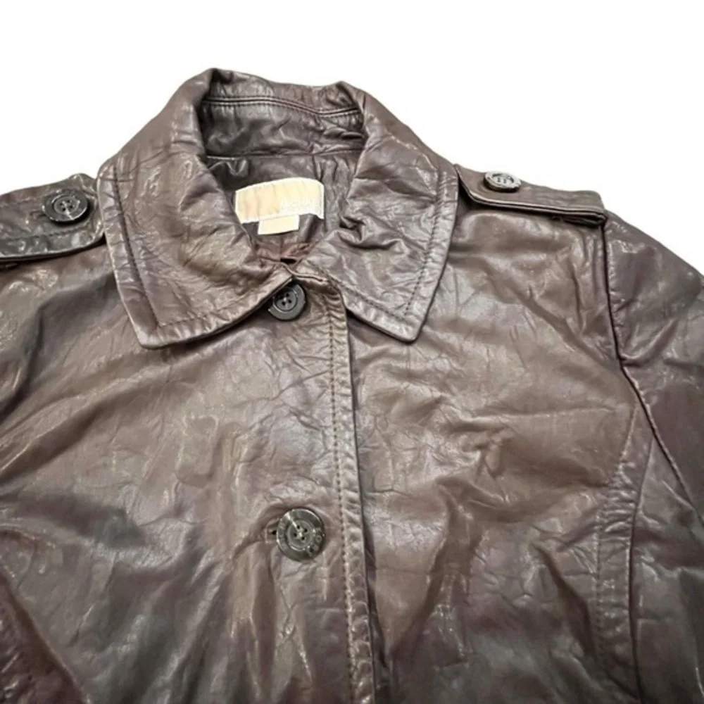 Michael Kors Women's Brown Button Front‎ Genuine Leather Coat Large Short Lined